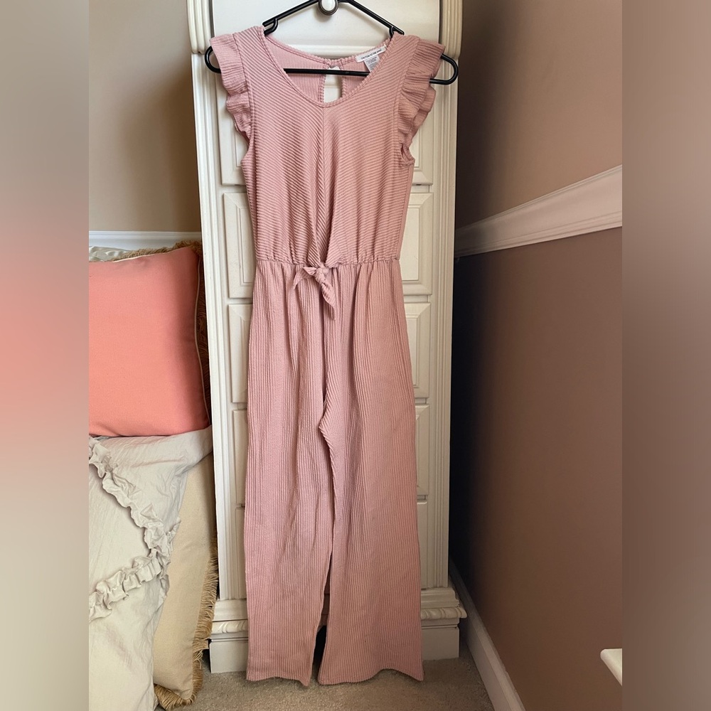Pink Wide Legged Ribbed Jumpsuit with Ruffle Sleeves
